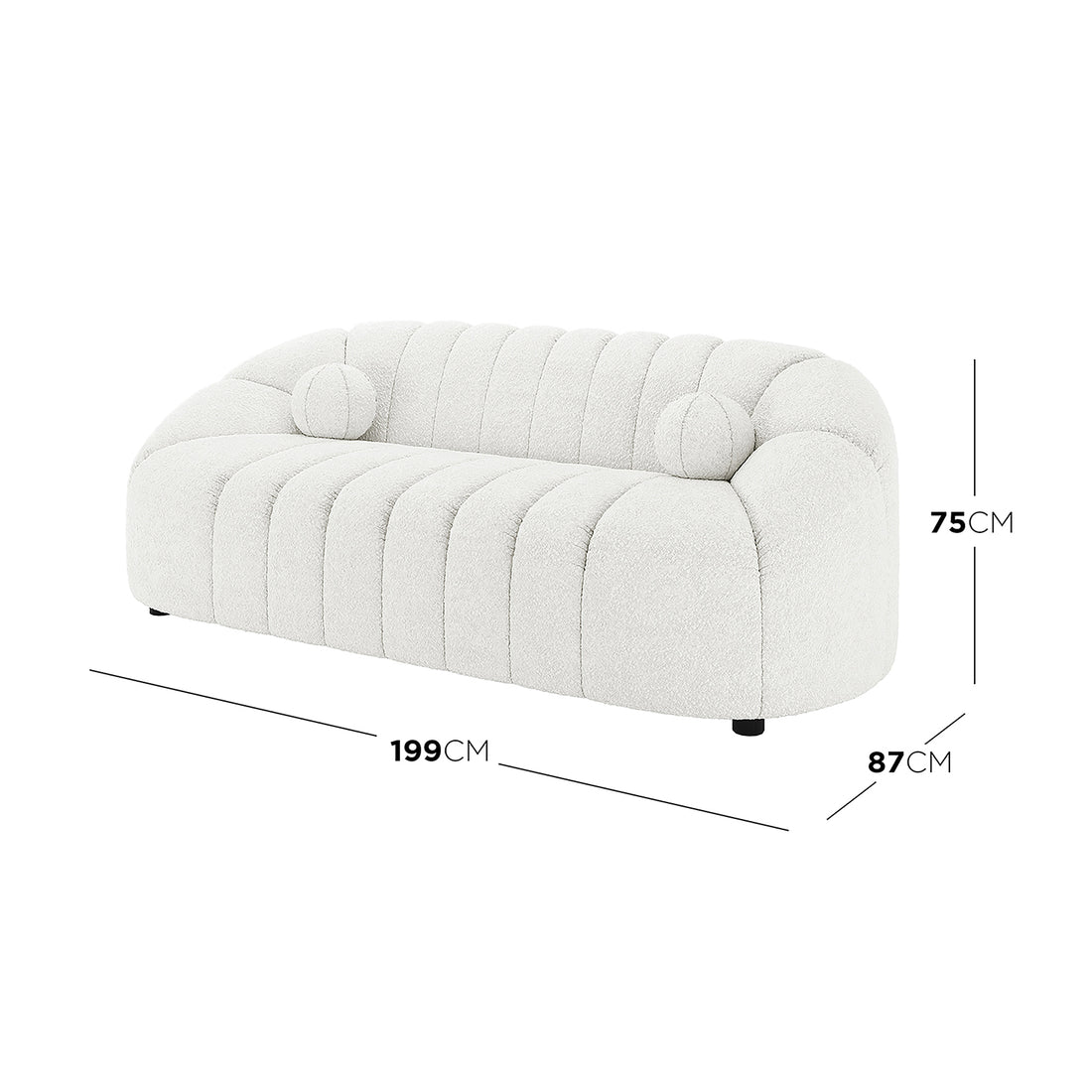 Trina 5 Seater Boucle Sofa Set with Pillows in Cream White, featuring a modern three-seater with a curved back, vertical channel tufting, and two round bolster pillows; measures 199 cm wide, 75 cm tall, 87 cm deep.