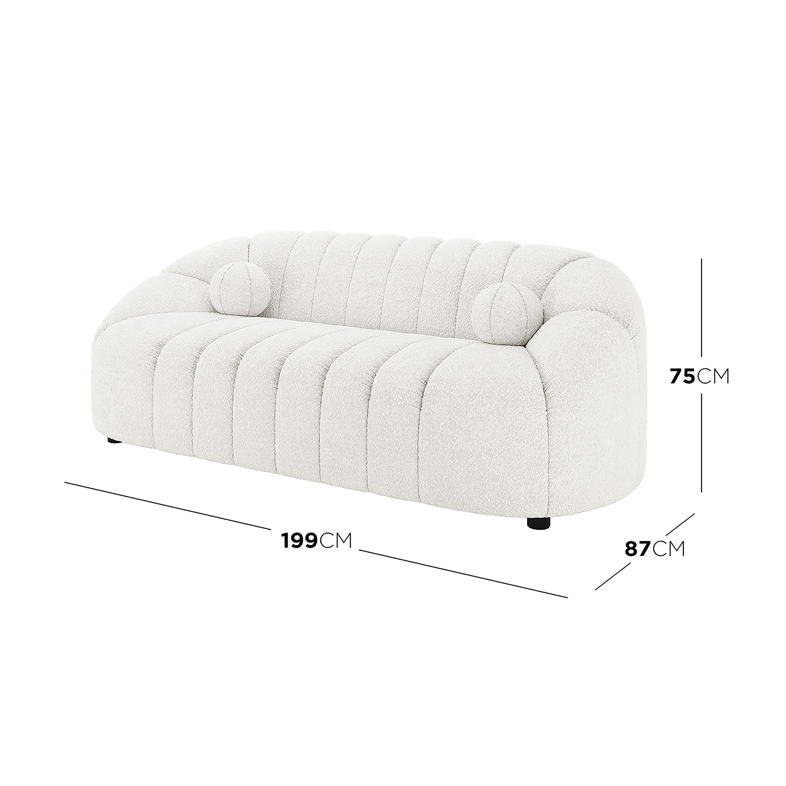 Trina 5 Seater Boucle Sofa Set with Pillows in Cream White, featuring a modern three-seater with a curved back, vertical channel tufting, and two round bolster pillows; measures 199 cm wide, 75 cm tall, 87 cm deep.