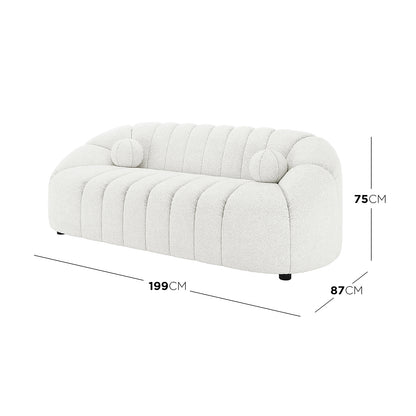 Trina 5 Seater Boucle Sofa Set with Pillows in Cream White, featuring a modern three-seater with a curved back, vertical channel tufting, and two round bolster pillows; measures 199 cm wide, 75 cm tall, 87 cm deep.