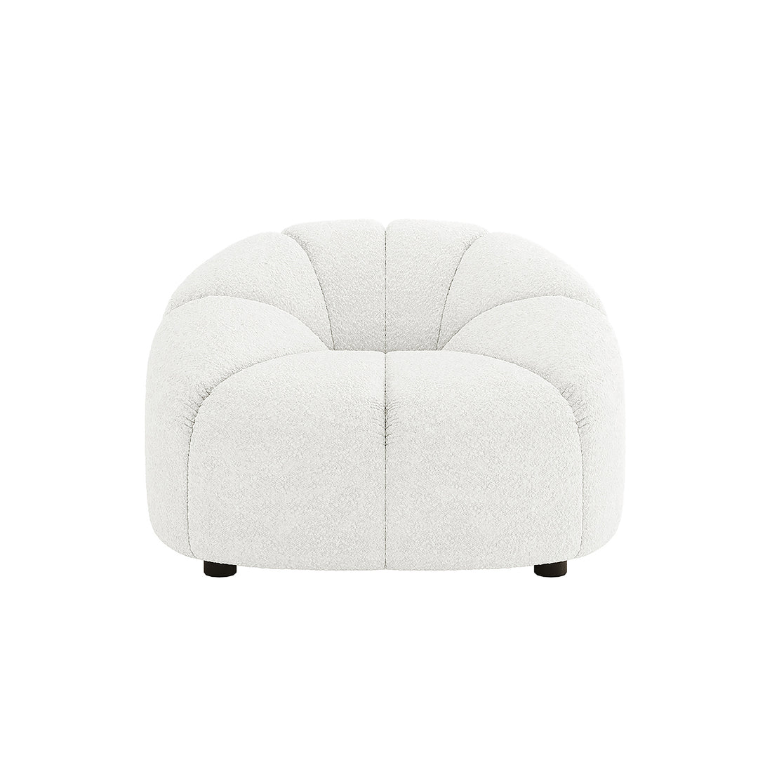Trina 5 Seater Boucle Sofa Set with Pillows in Cream White features a single-seat lounge chair with tufted, cloud-like bouclé upholstery, rounded curves, and short, discreet legs for a contemporary look.