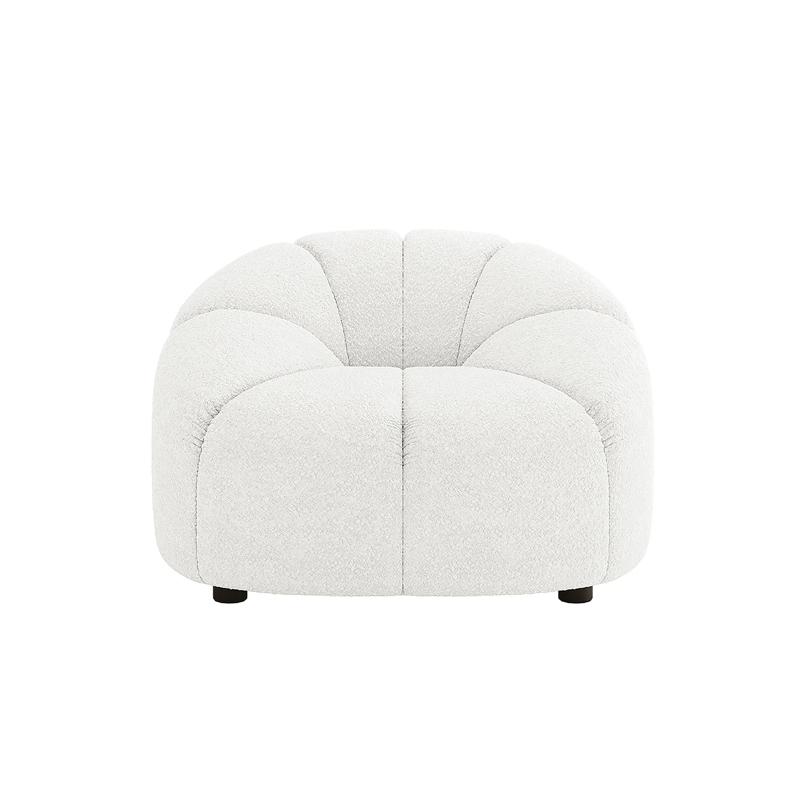 Trina 5 Seater Boucle Sofa Set with Pillows in Cream White features a single-seat lounge chair with tufted, cloud-like bouclé upholstery, rounded curves, and short, discreet legs for a contemporary look.