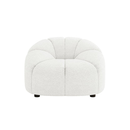 Trina 5 Seater Boucle Sofa Set with Pillows in Cream White features a single-seat lounge chair with tufted, cloud-like bouclé upholstery, rounded curves, and short, discreet legs for a contemporary look.