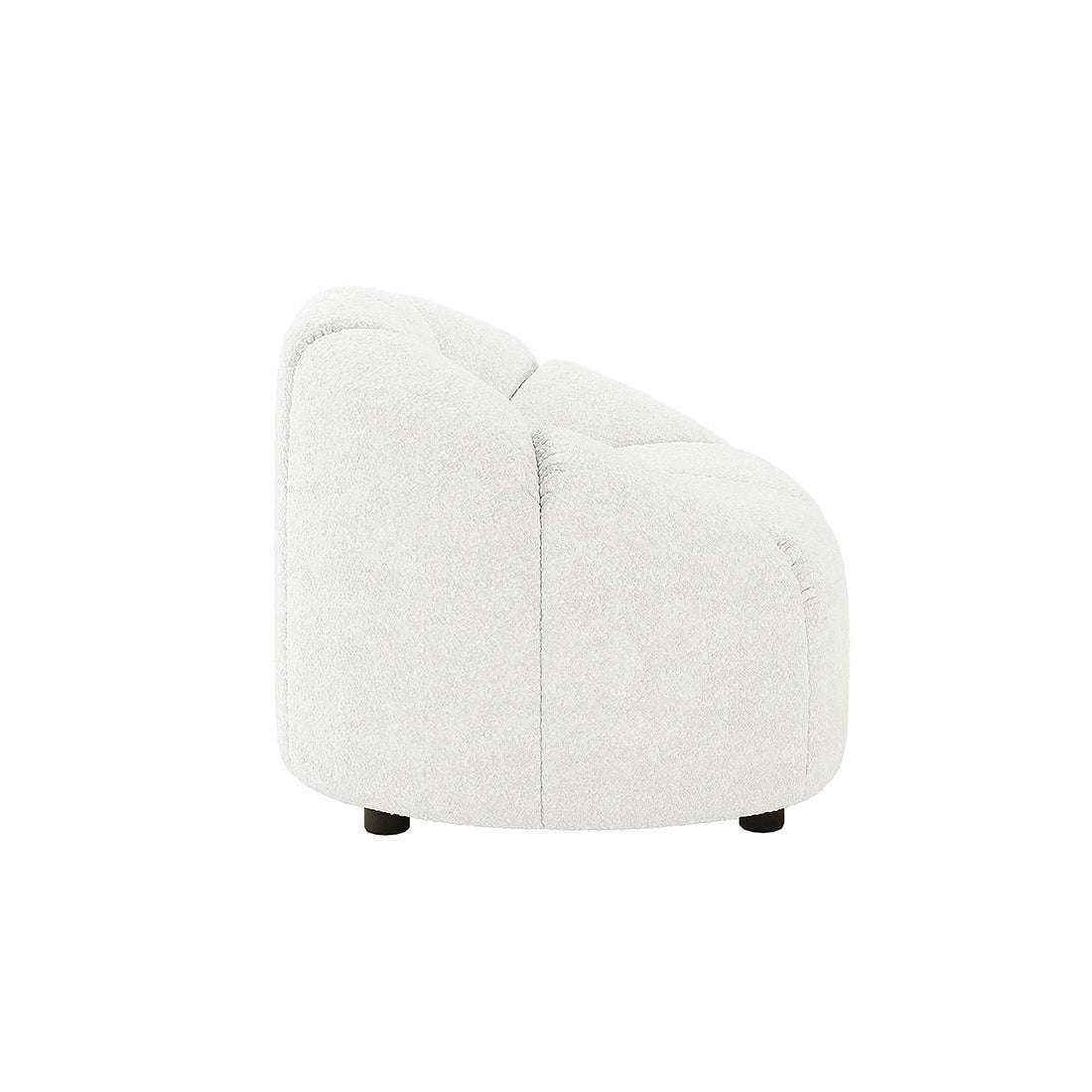 Trina 5 Seater Boucle Sofa Set with Pillows in Cream White features a modern lounge chair with rounded, tufted back and seat in boucle fabric, on short cylindrical legs.
