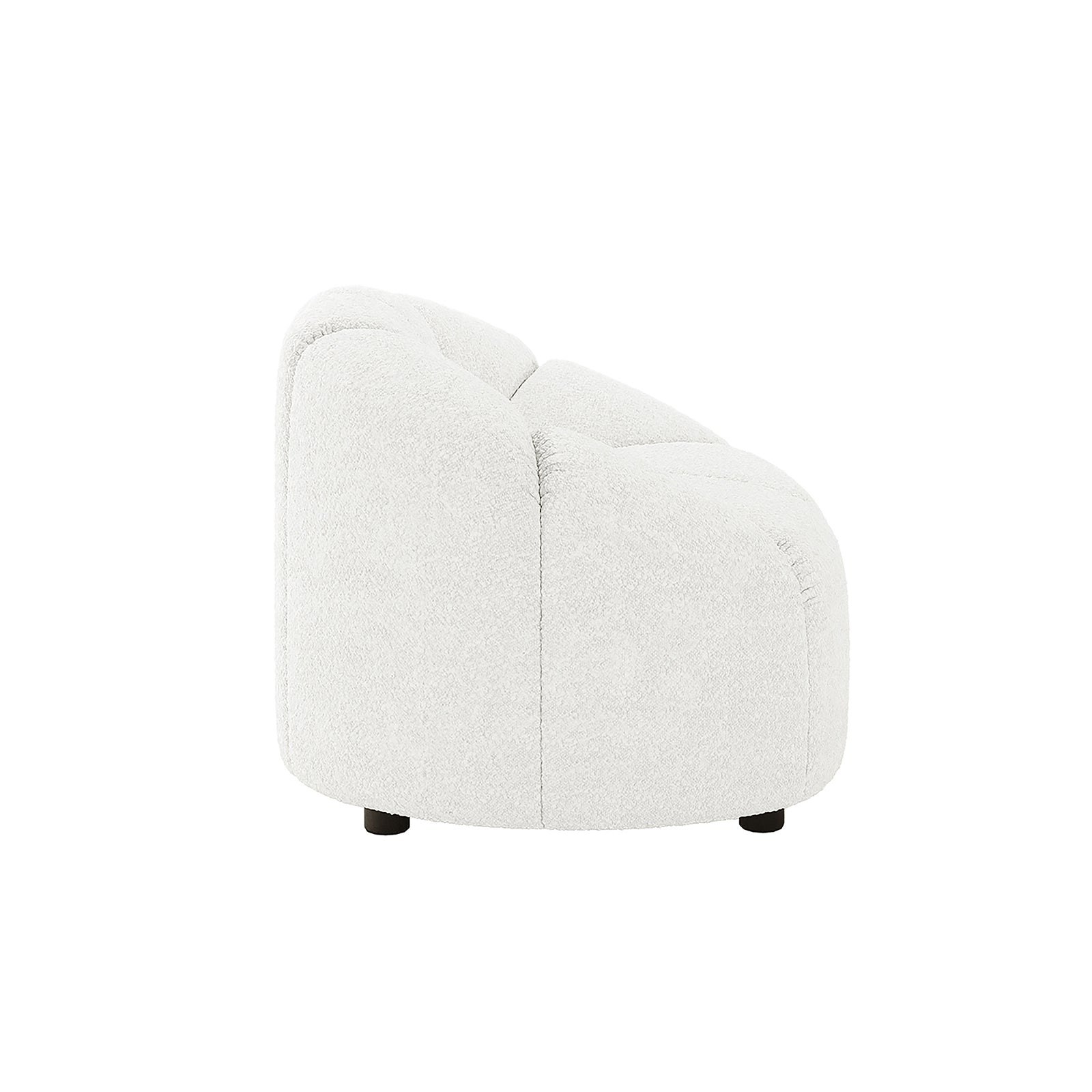 Trina 5 Seater Boucle Sofa Set with Pillows in Cream White features a modern lounge chair with rounded, tufted back and seat in boucle fabric, on short cylindrical legs.