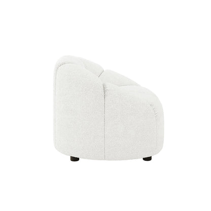 Trina 5 Seater Boucle Sofa Set with Pillows in Cream White features a modern lounge chair with rounded, tufted back and seat in boucle fabric, on short cylindrical legs.