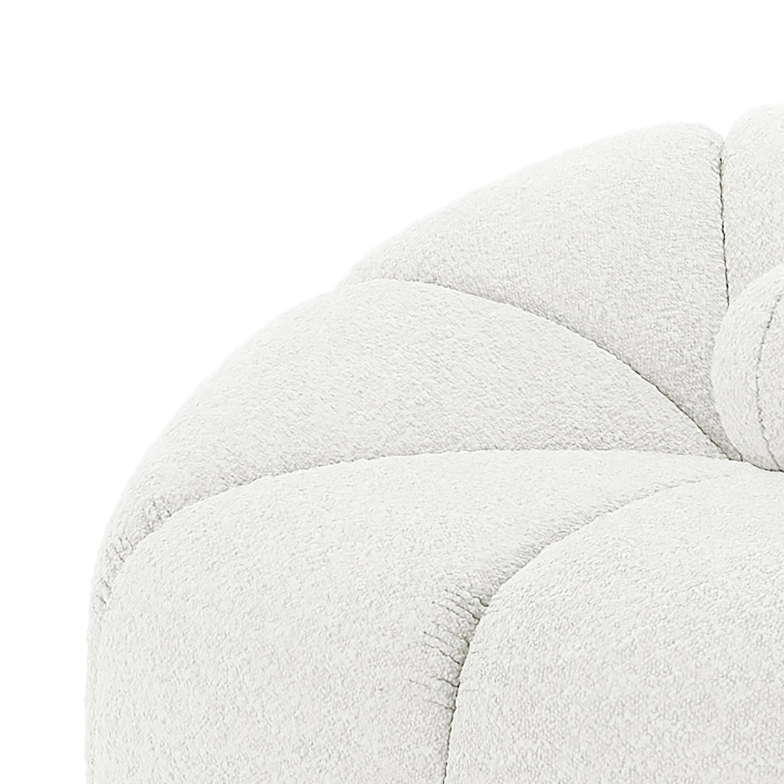 Close-up of the tufted corner of the Trina 5 Seater Boucle Sofa Set with Pillows in Cream White, showcasing its soft boucle fabric and meticulous stitching for a luxurious finish.