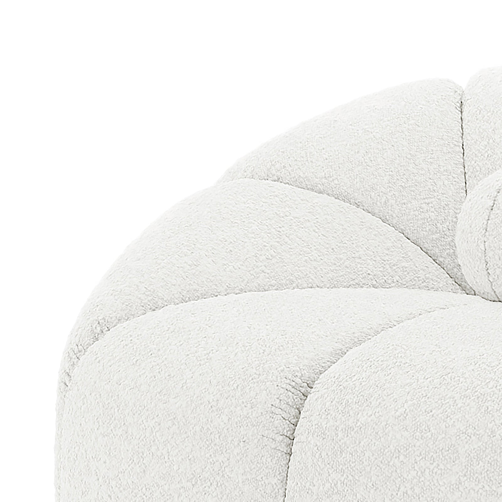 Close-up of the tufted corner of the Trina 5 Seater Boucle Sofa Set with Pillows in Cream White, showcasing its soft boucle fabric and meticulous stitching for a luxurious finish.