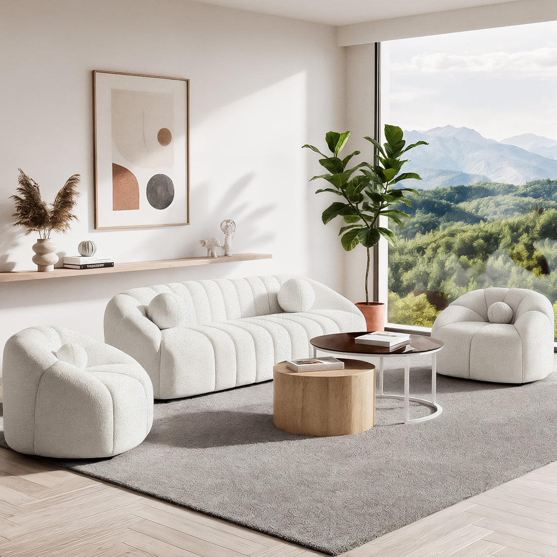 Trina 5 Seater Boucle Sofa Set with Pillows in Cream White, featuring channel-tufted design and curved lounge chairs, set in a bright minimalist living room with a large area rug and nested coffee tables.