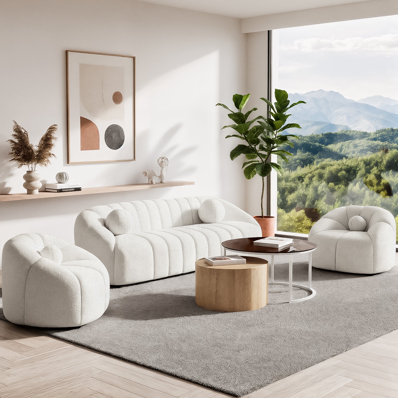 Trina 5 Seater Boucle Sofa Set with Pillows in Cream White, featuring channel-tufted design and curved lounge chairs, set in a bright minimalist living room with a large area rug and nested coffee tables.