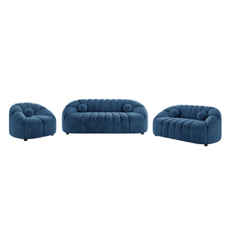 Trina 6 Seater Tufted Velvet Lounge Set in Blue, featuring a matching armchair, three-seat sofa, and two-seat loveseat with channel-tufted design and low cylindrical feet, showcasing sculptural curves and plush velvet texture.