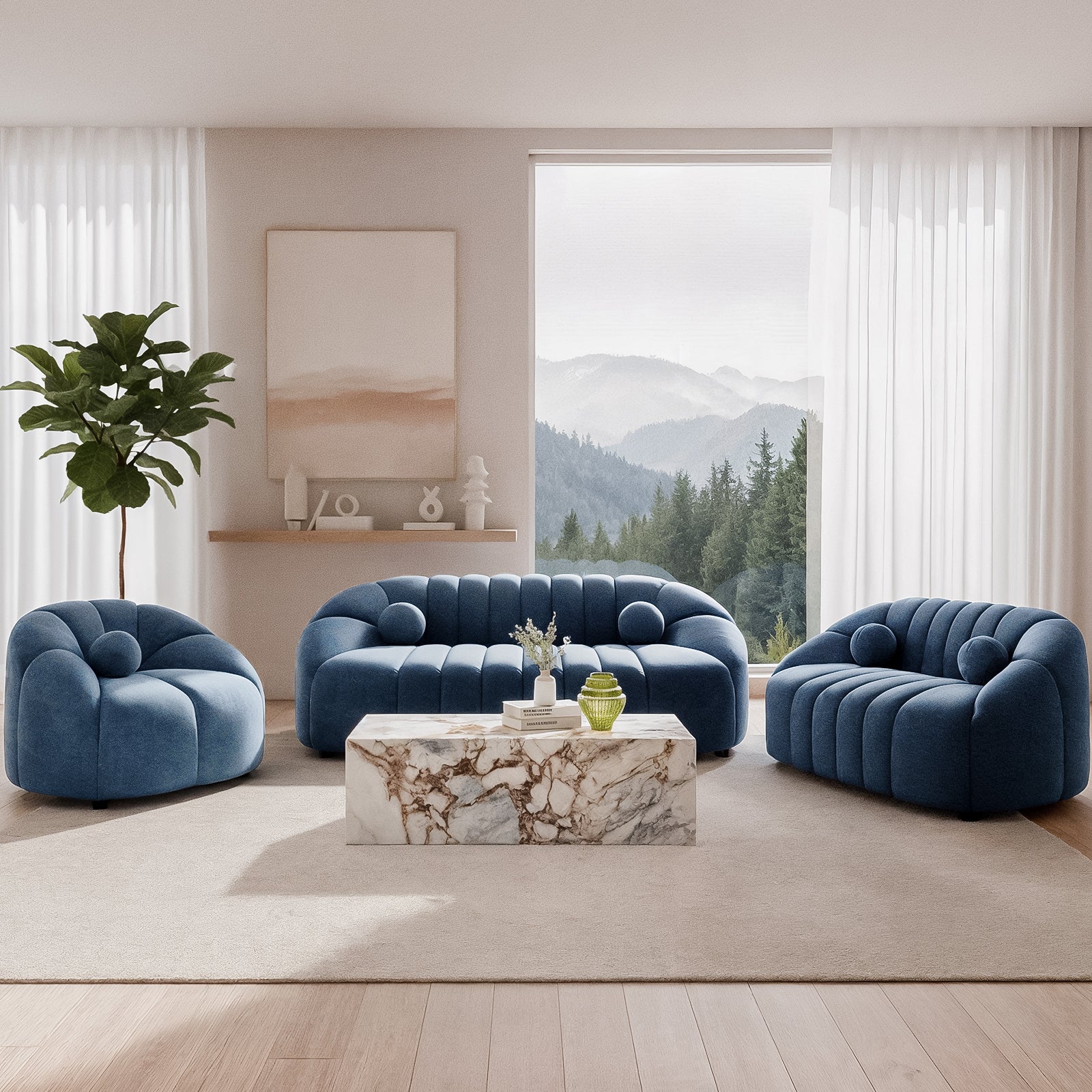 Trina 6-Seater Tufted Velvet Lounge Set in Blue featuring plush channel-tufted seating, a sculptural design, and a serene living room setting with a marble coffee table and scenic mountain view.