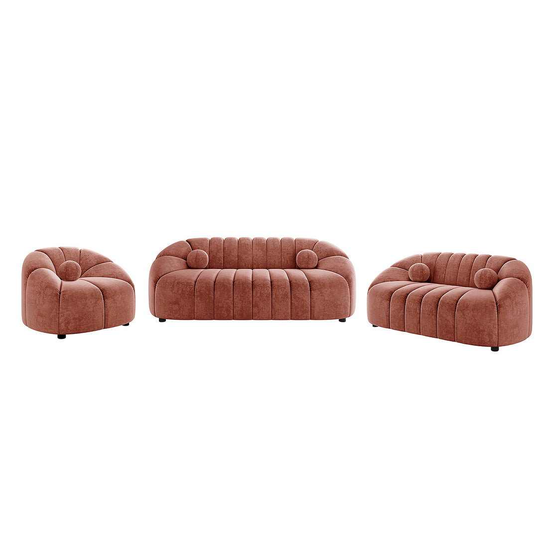 Trina 6 Seater Tufted Velvet Lounge Set in Blush features a three-piece design with channel-tufted, rounded segments and low black feet, showcasing plush velvet upholstery for an elegant, modern look.