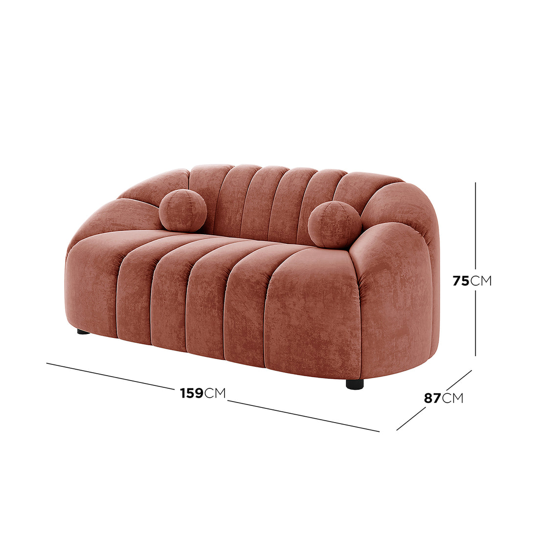 Trina 6 Seater Tufted Velvet Lounge Set in Blush: Modern loveseat with terracotta-rust velvet, channel-tufted curved back, two round bolster pillows, 159 cm width, 87 cm depth, and 75 cm height.