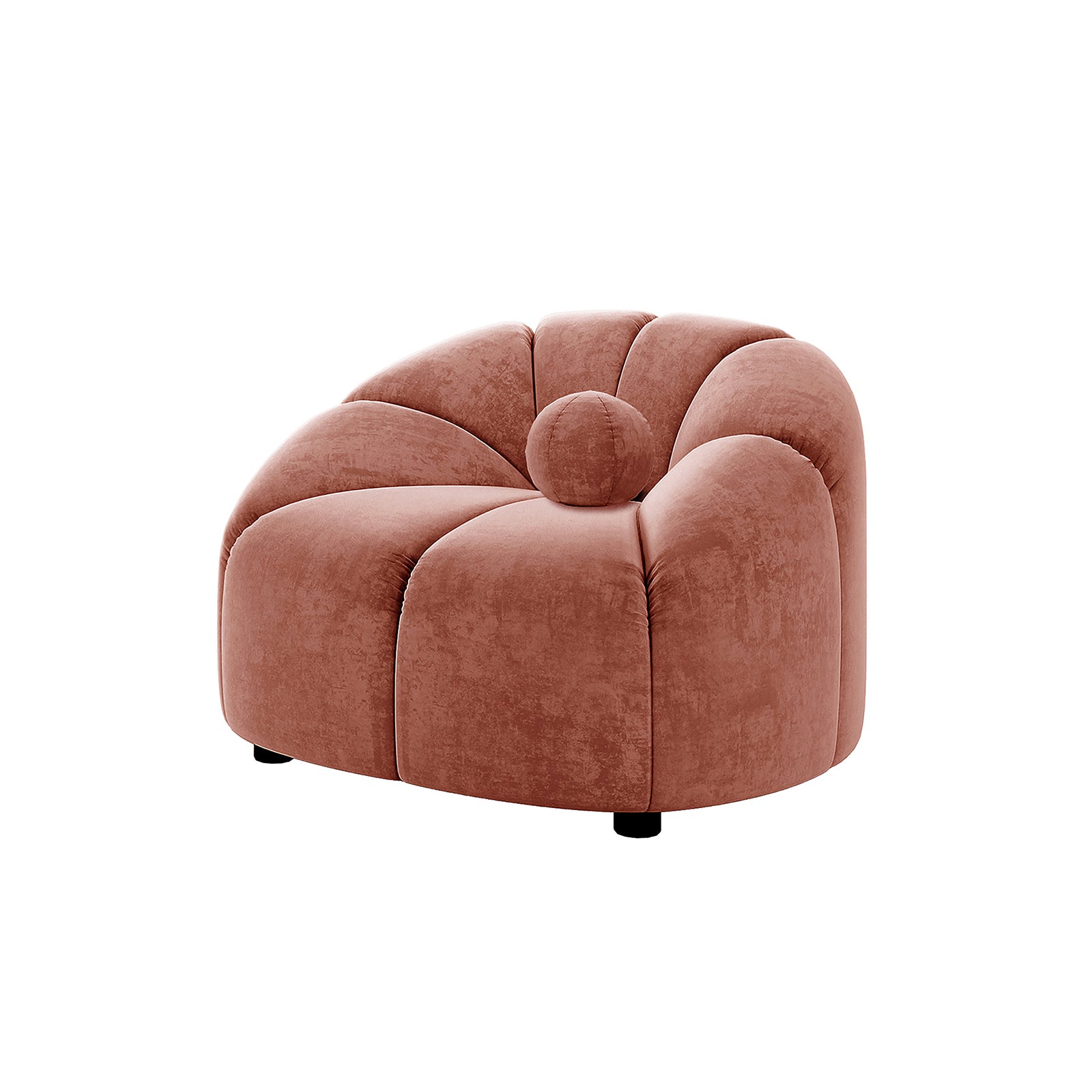 Trina 6 Seater Tufted Velvet Lounge Set in Blush features a plush, petal-tufted single-seat accent chair with a matching bolster cushion, rounded design, and low black feet.