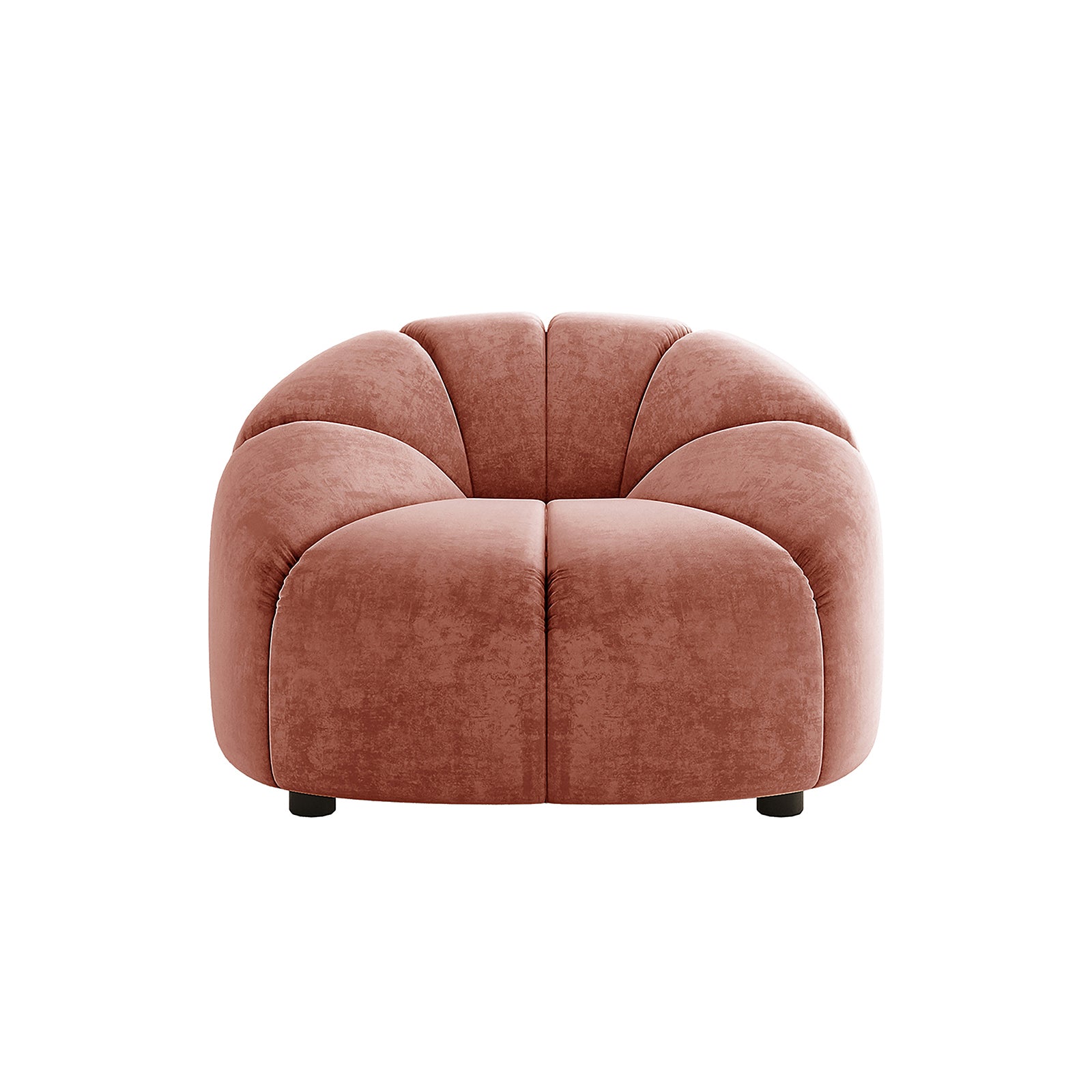 Trina 6 Seater Tufted Velvet Lounge Set in Blush features a single-seater with rounded, cloud-like cushions, dusty-rose velvet upholstery, and channel tufting, offering a modern, elegant design.