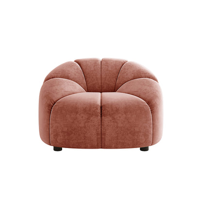 Trina 6 Seater Tufted Velvet Lounge Set in Blush features a single-seater with rounded, cloud-like cushions, dusty-rose velvet upholstery, and channel tufting, offering a modern, elegant design.