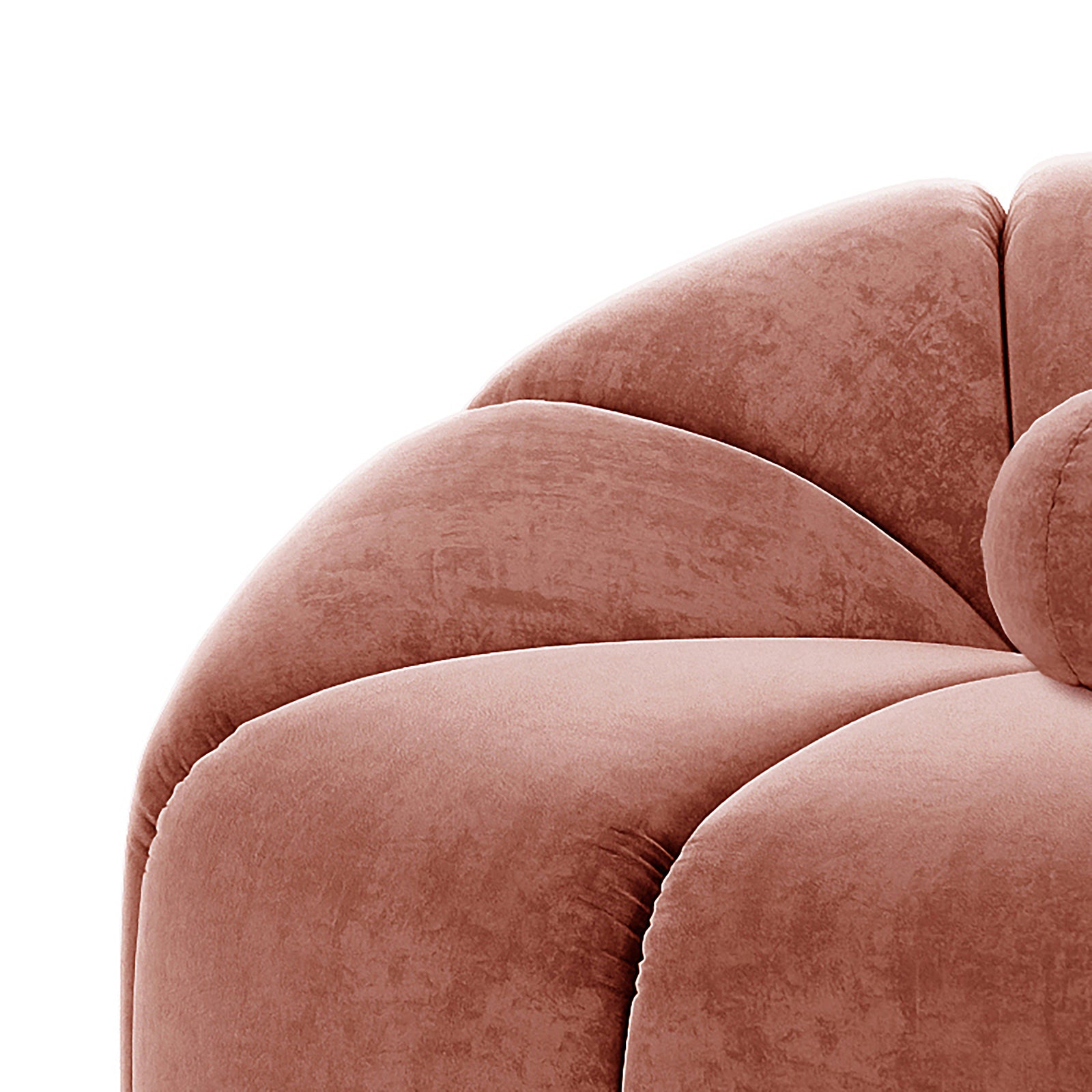 Trina 6 Seater Tufted Velvet Lounge Set in Blush, showcasing a plush, petal-sectioned design with channel tufting and scalloped appearance, emphasizing its modern, elegant silhouette and luxurious velvet upholstery.