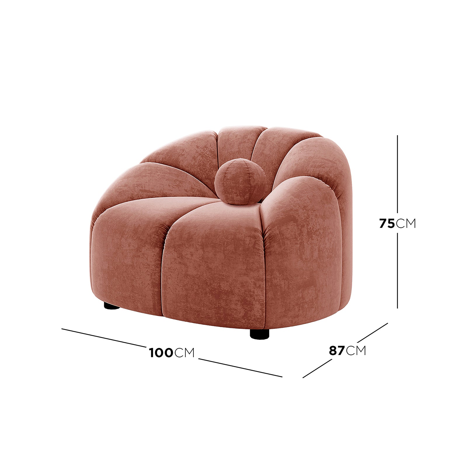 Trina 6 Seater Tufted Velvet Lounge Set in Blush featuring a single-seat rounded chair with plush rose-rust velvet, broad petal-like padded segments, and a central round bolster cushion.