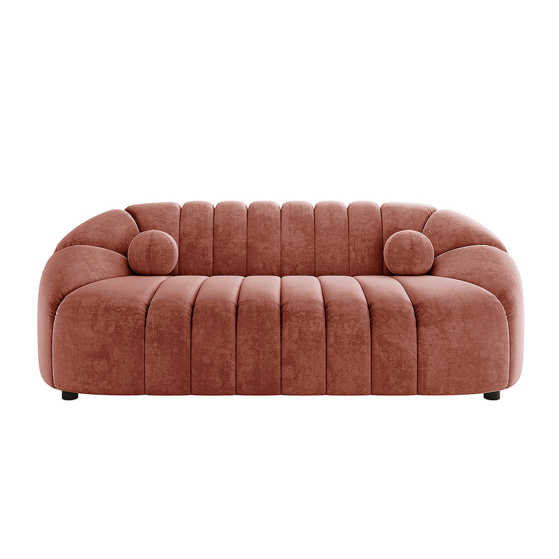 Trina Velvet 6-Seater Tufted Lounge Set - Blush, showcasing plush velvet upholstery, channel tufting, and a curved design with a single, 2-seater, and 3-seater sofa, and five ball pillows.