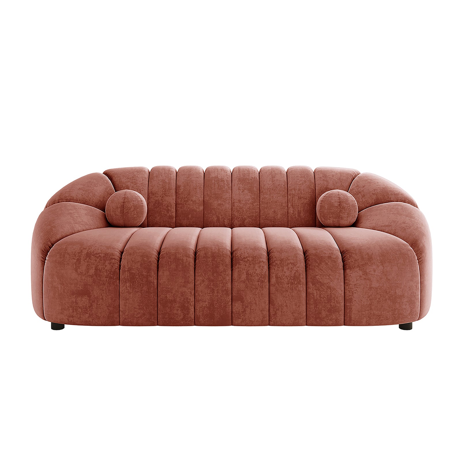 Trina Velvet 6-Seater Tufted Lounge Set - Blush, showcasing plush velvet upholstery, channel tufting, and a curved design with a single, 2-seater, and 3-seater sofa, and five ball pillows.
