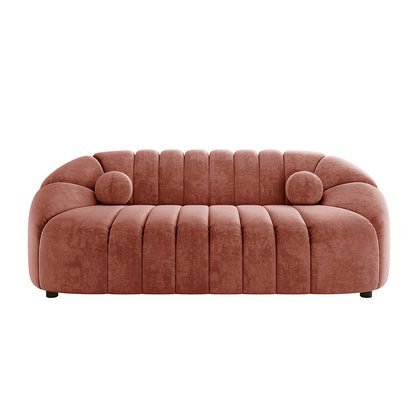 Trina Velvet 6-Seater Tufted Lounge Set - Blush, showcasing plush velvet upholstery, channel tufting, and a curved design with a single, 2-seater, and 3-seater sofa, and five ball pillows.