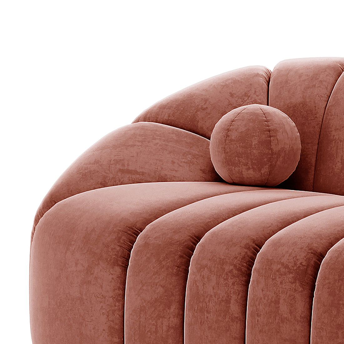 Trina 6 Seater Tufted Velvet Lounge Set in Blush features plush, channel-tufted segments and a matching round bolster pillow, showcasing its elegant design and luxurious velvet texture.