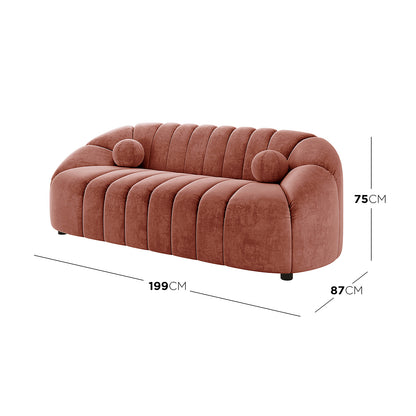 Trina 6 Seater Tufted Velvet Lounge Set in Blush features a modern, curved three-seat sofa with rust-colored velvet, vertical channel tufting, rounded armrests, and matching cylindrical bolster pillows.