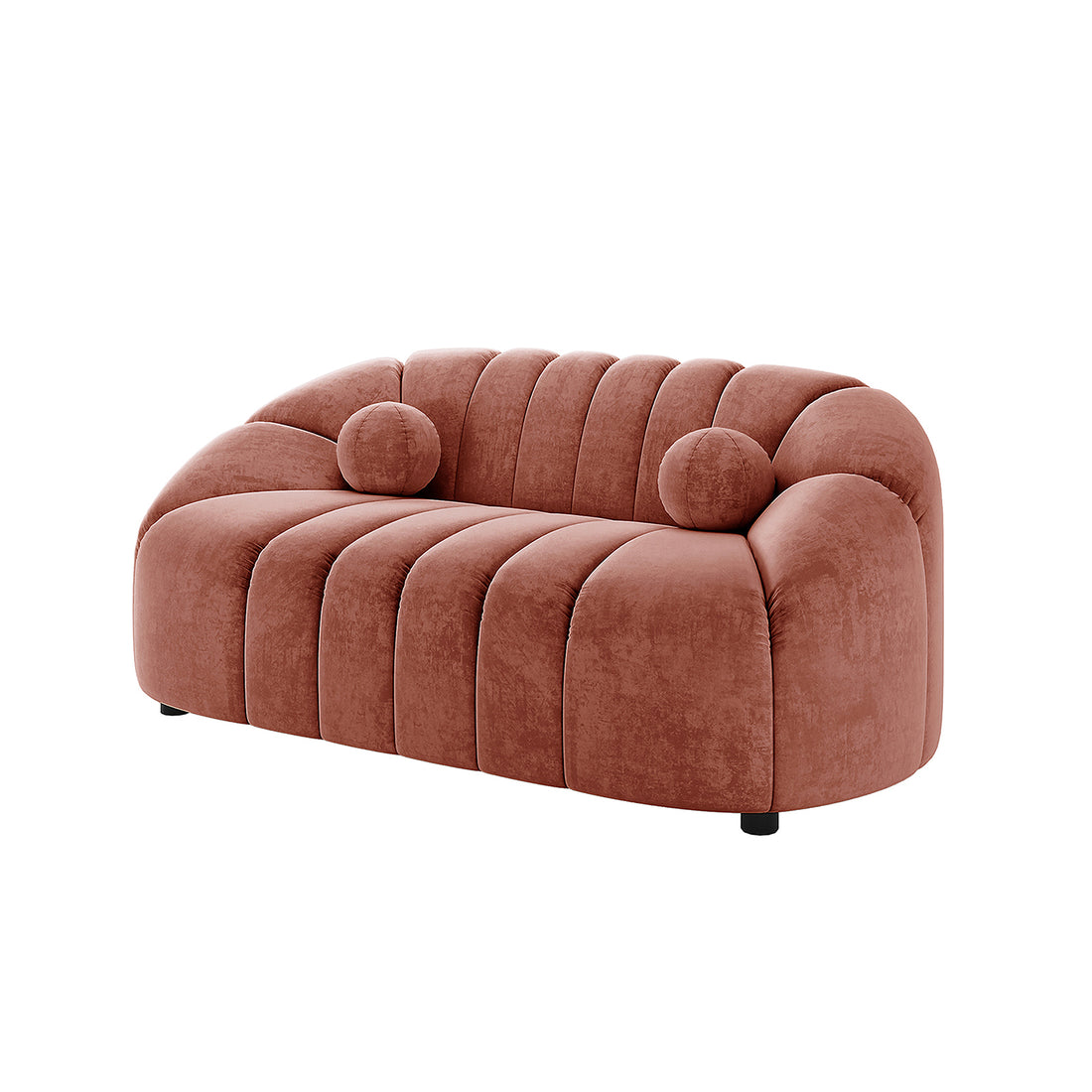 Trina 6 Seater Tufted Velvet Lounge Set in Blush, featuring a modern loveseat design with channel cushions, round bolster pillows, and short feet, upholstered in plush velvet for elegance and comfort.