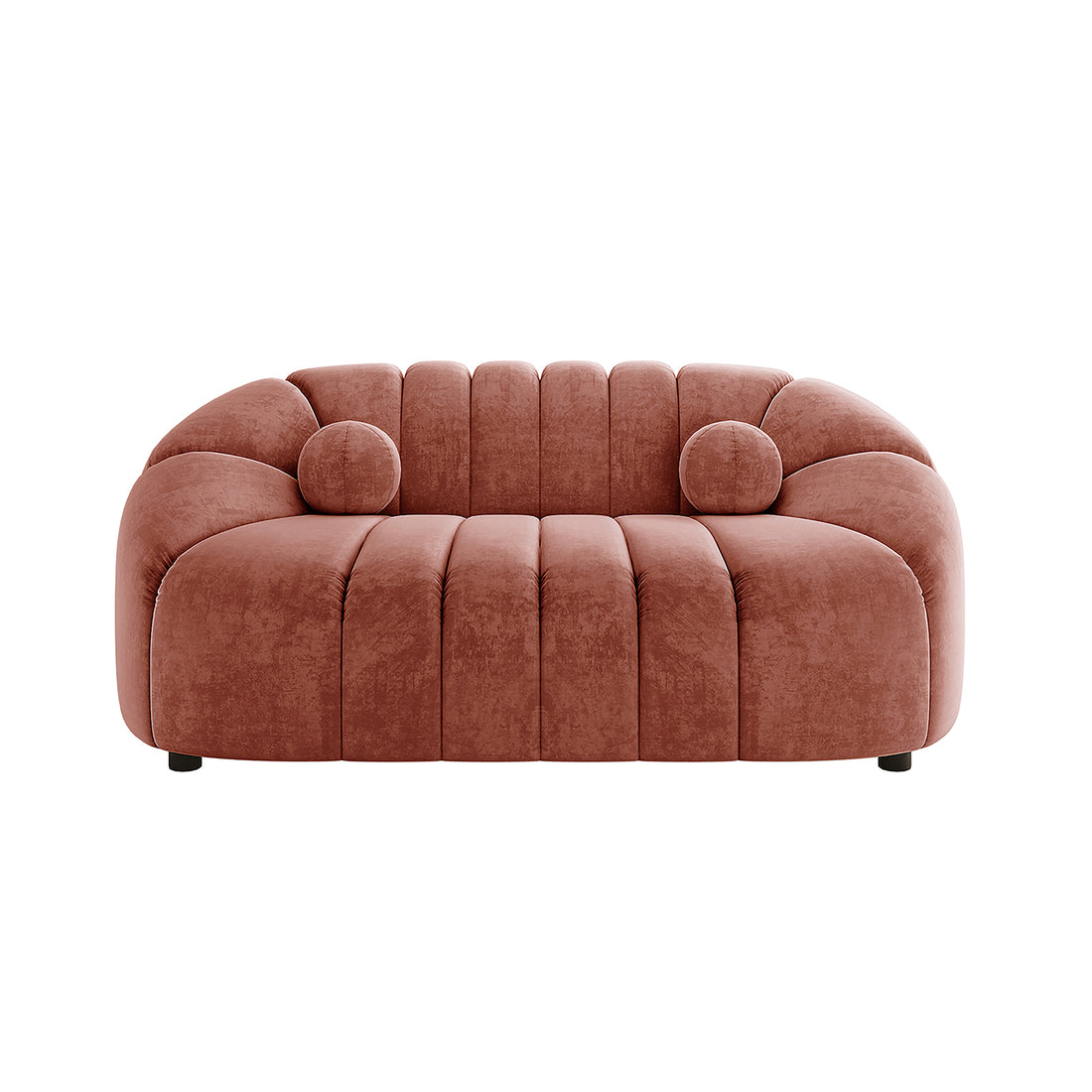 Trina 6 Seater Tufted Velvet Lounge Set in Blush features deep channel-stitched cushions, rounded armrests, and two cylindrical bolster pillows, showcasing a modern, curved silhouette on short feet.
