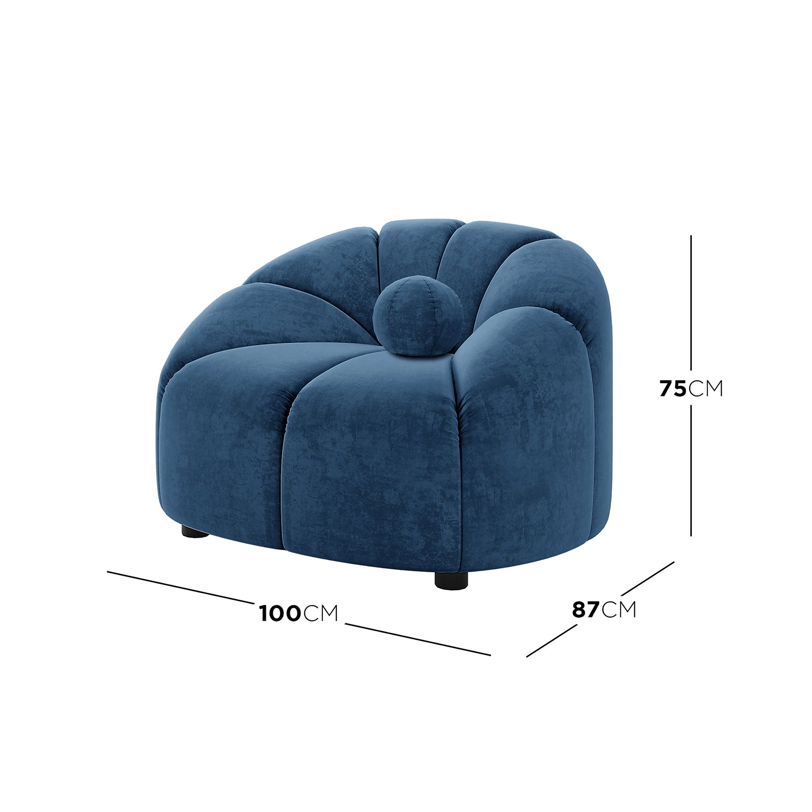Trina Single Velvet Tufted Accent Chair in Blue, featuring a petal-style design with plush velvet upholstery, scalloped shell form, and matching round bolster pillow, measuring 100 cm wide, 87 cm deep, 75 cm tall.