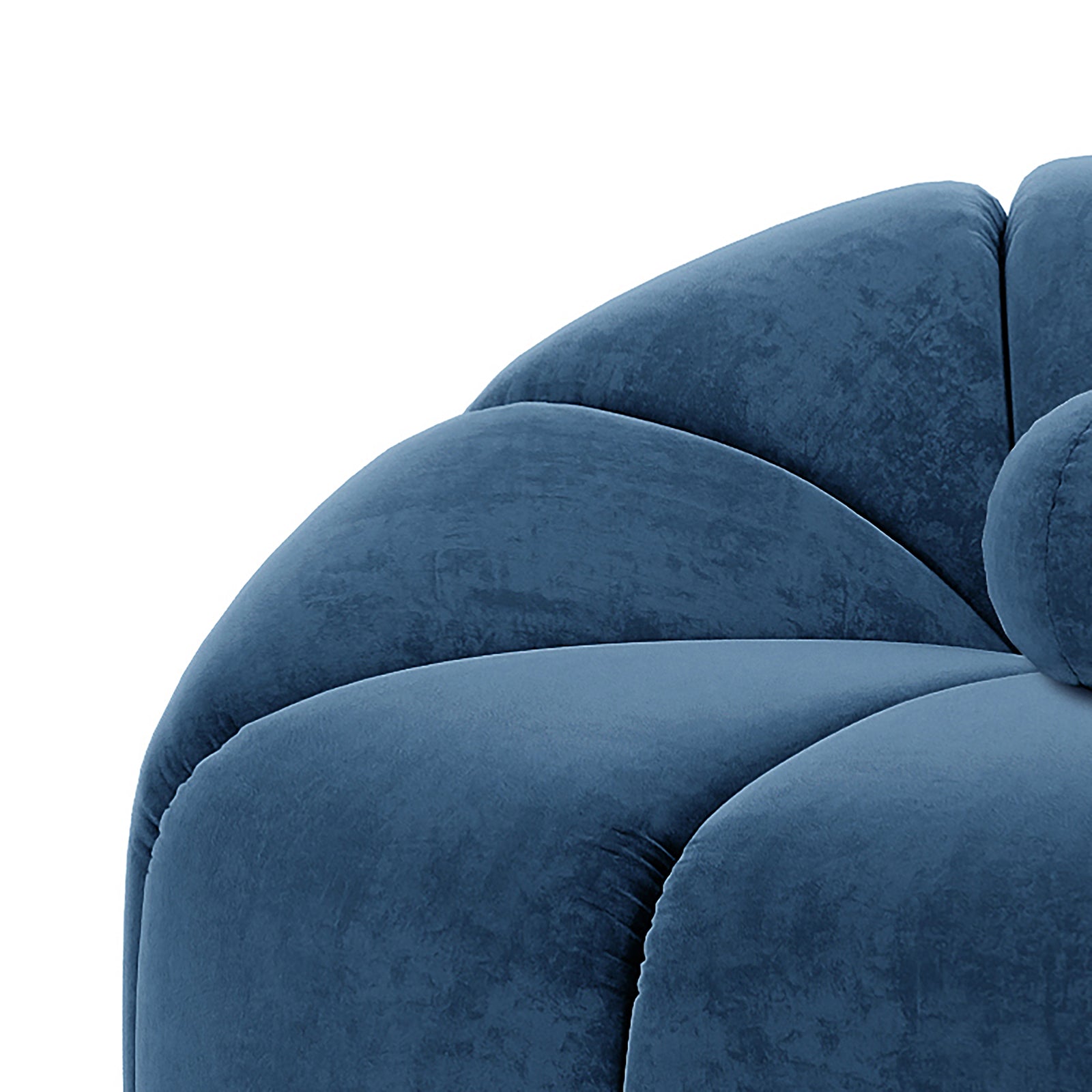 Trina Single Velvet Tufted Accent Chair in Blue, showcasing deep blue velvety upholstery with scalloped channel tufting, shell-like design, and a matching decorative ball cushion for a stylish, modern look.