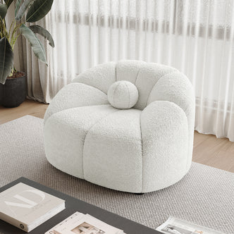 Trina Boucle Sofa Chair with Ball Pillow features luxurious boucle fabric, sunflower tufted design, and includes a matching tufted ball pillow, perfect for adding modern elegance to any living room.