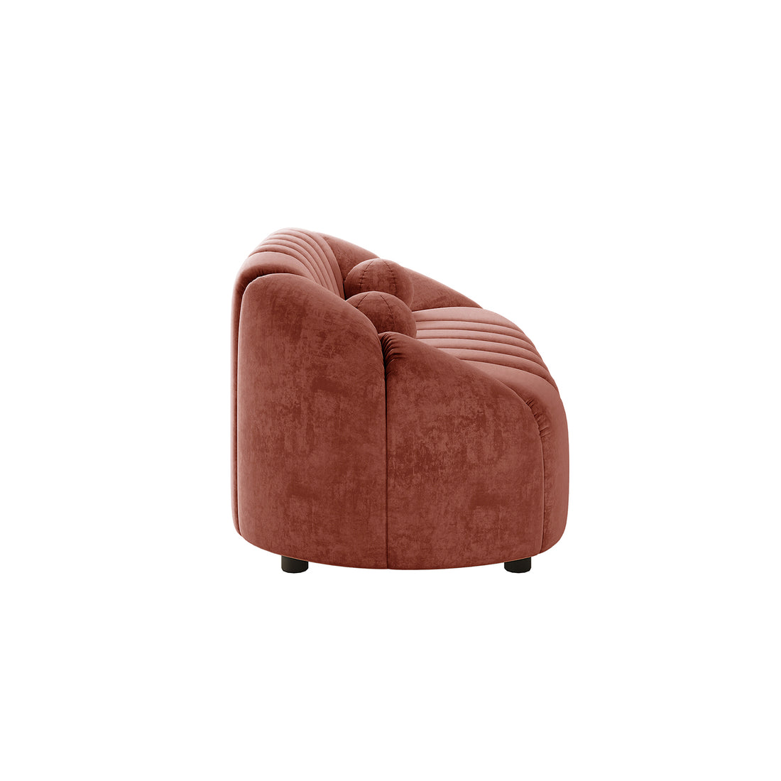 Trina 2 Seater Tufted Curved Velvet Sofa in Blush, featuring a rounded barrel-style back, channel-tufted seat and back, upholstered in warm terracotta-red velvet, with low dark wooden feet.