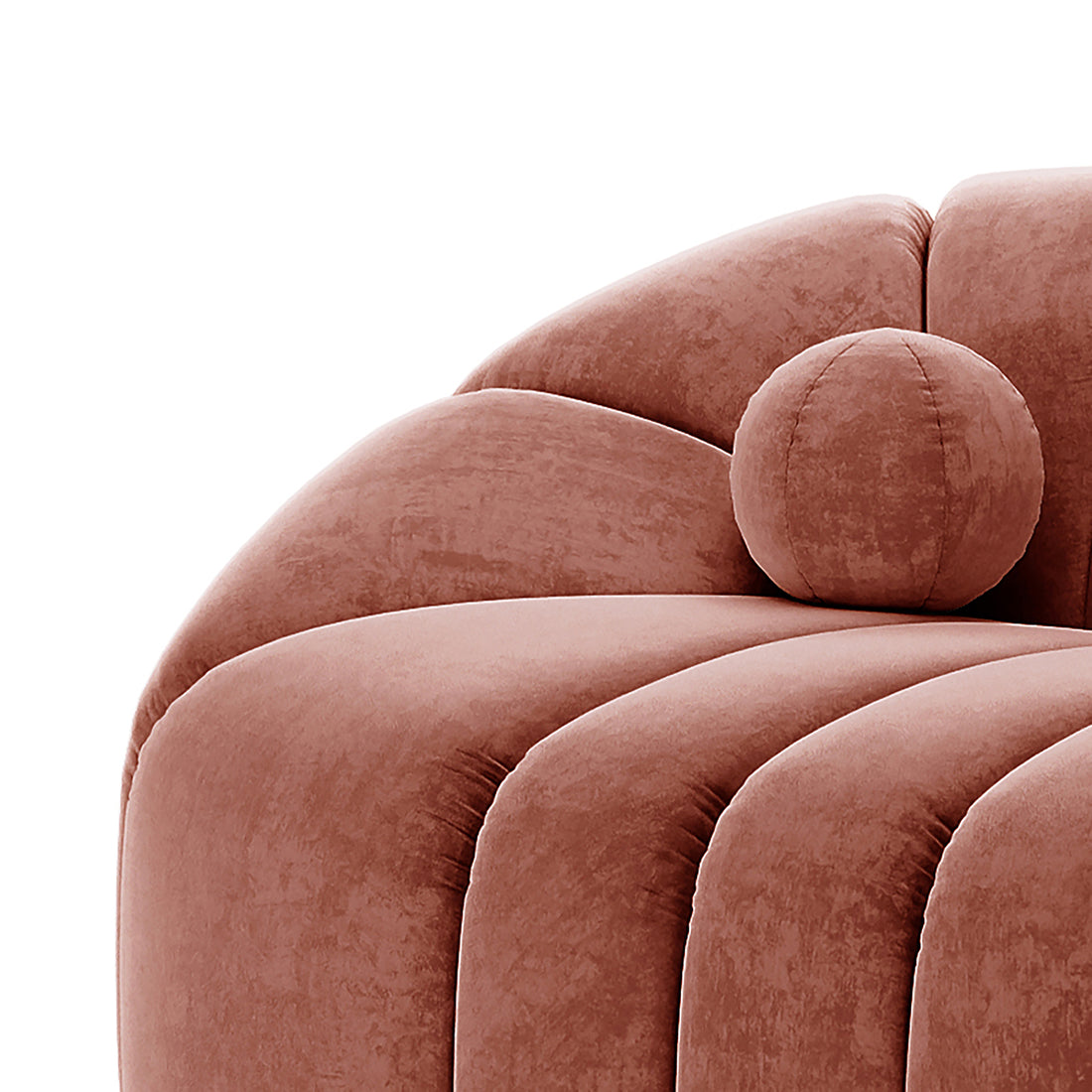 Trina 2 Seater Tufted Curved Velvet Sofa in Blush, featuring dusty-rose velvet upholstery, vertically channel-tufted cushions, and a matching round bolster pillow, showcasing a modern, elegant design.