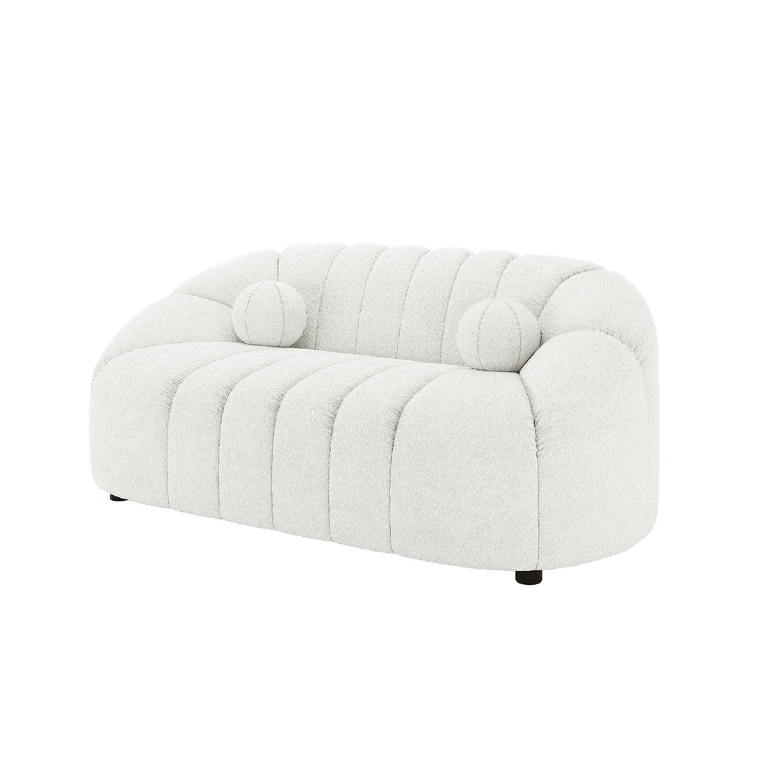 Trina 2 Seater Boucle Sofa with Pillows in Cream White features a low-profile, modern design with textured bouclé fabric, softly rounded vertical cushions, and two matching round bolster pillows for added elegance.