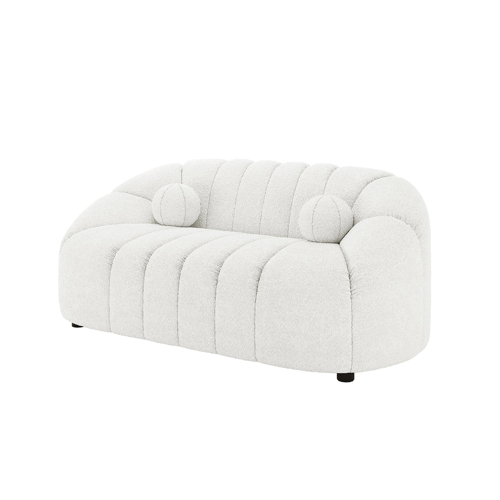 Trina 2 Seater Boucle Sofa with Pillows in Cream White features a low-profile, modern design with textured bouclé fabric, softly rounded vertical cushions, and two matching round bolster pillows for added elegance.