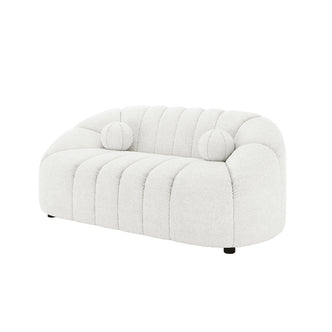 Trina 2 Seater Boucle Sofa with Pillows in Cream White features a low-profile, modern design with textured bouclé fabric, softly rounded vertical cushions, and two matching round bolster pillows for added elegance.