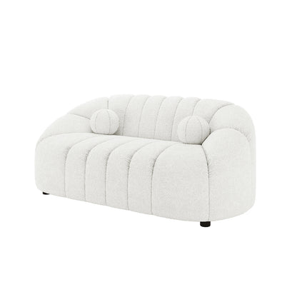 Trina 2 Seater Boucle Sofa with Pillows in Cream White features a low-profile, modern design with textured bouclé fabric, softly rounded vertical cushions, and two matching round bolster pillows for added elegance.