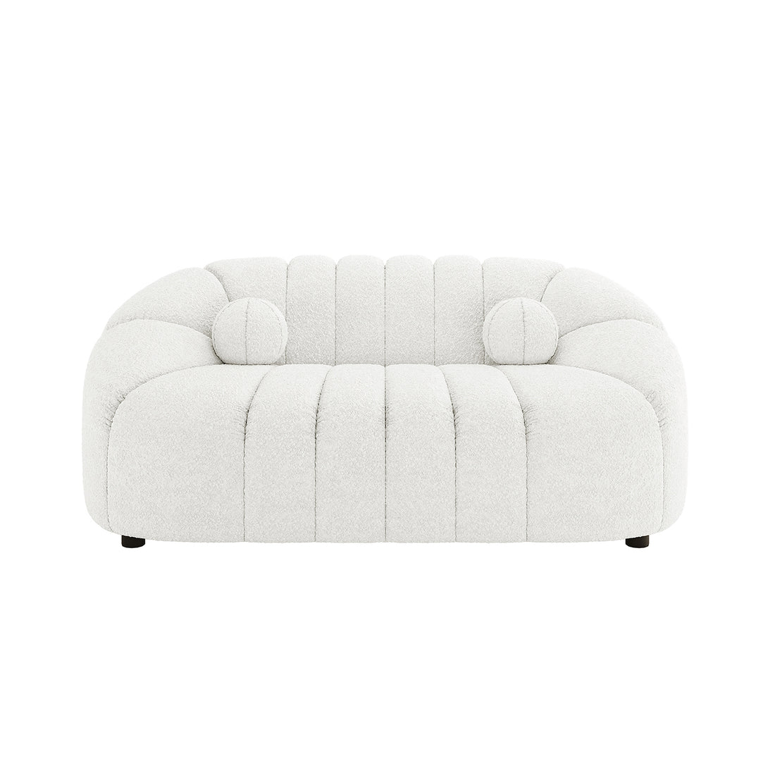 Trina 2 Seater Boucle Sofa with Pillows in Cream White features an off-white textured fabric, softly rounded low-slung form, vertical channel tufting, pill-shaped silhouette, and includes two matching bolster pillows.