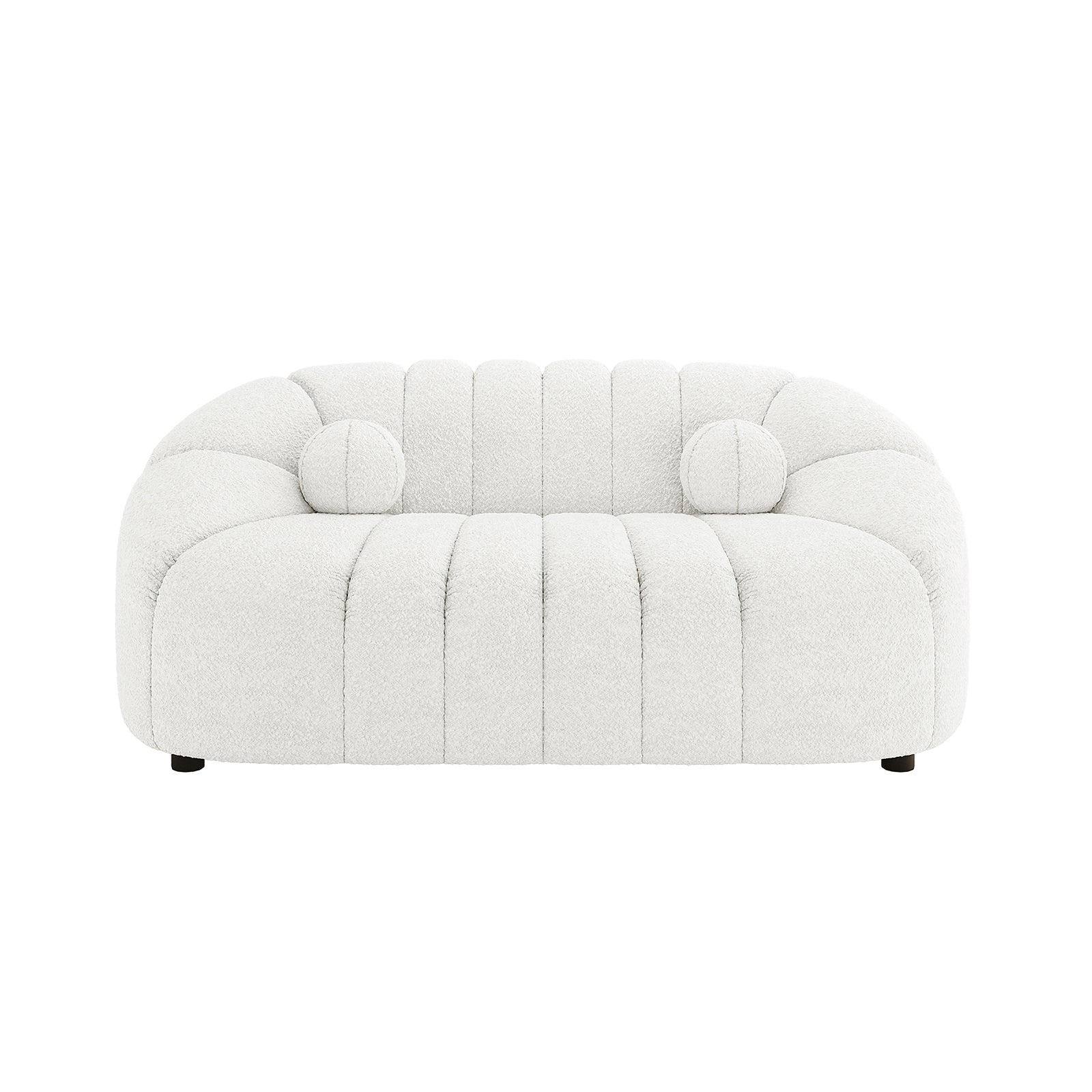 Trina 2 Seater Boucle Sofa with Pillows in Cream White features an off-white textured fabric, softly rounded low-slung form, vertical channel tufting, pill-shaped silhouette, and includes two matching bolster pillows.