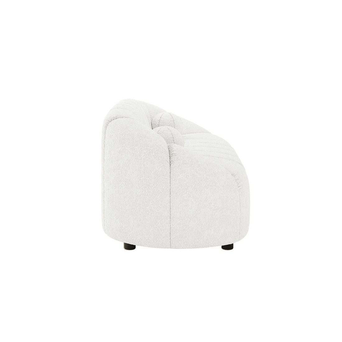 Trina 2 Seater Boucle Sofa with Pillows in Cream White, featuring armless design, ivory bouclé fabric, low curved profile, subtle tufting, short black feet, and two decorative ball pillows.