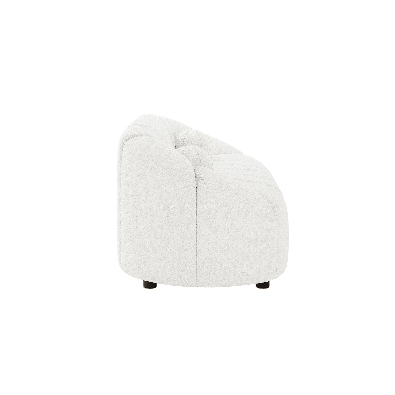 Trina 2 Seater Boucle Sofa with Pillows in Cream White, featuring armless design, ivory bouclé fabric, low curved profile, subtle tufting, short black feet, and two decorative ball pillows.