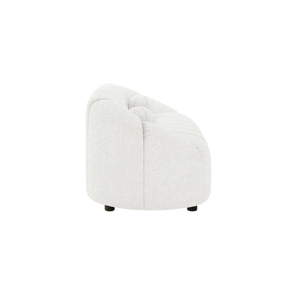 Trina 2 Seater Boucle Sofa with Pillows in Cream White, featuring armless design, ivory bouclé fabric, low curved profile, subtle tufting, short black feet, and two decorative ball pillows.