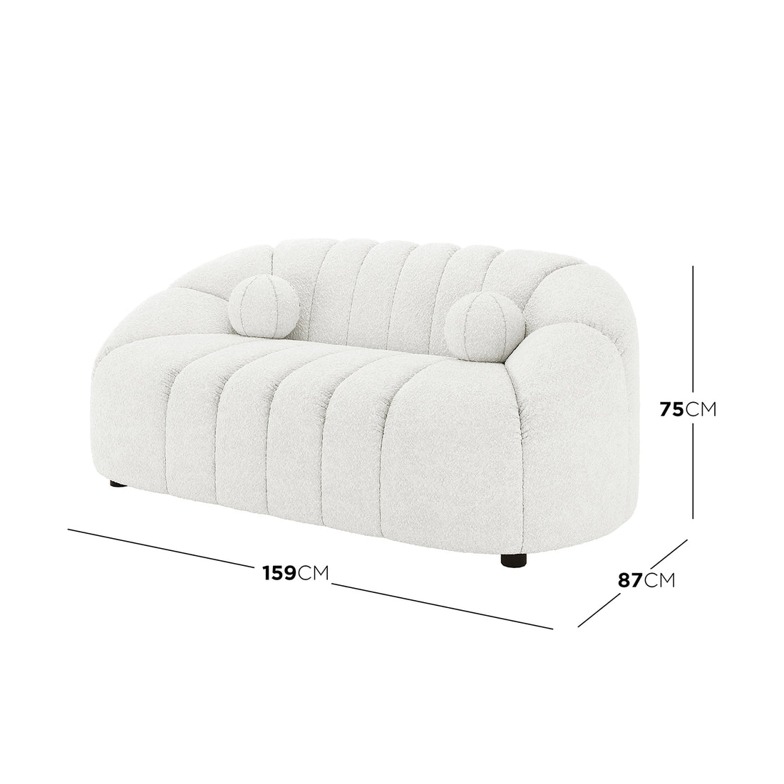 Trina 2 Seater Boucle Sofa with Pillows in Cream White features a soft, off-white bouclé fabric, rounded channel-stitched back and seat, and matching round bolster cushions, measuring 159cm wide, 87cm deep, 75cm tall.