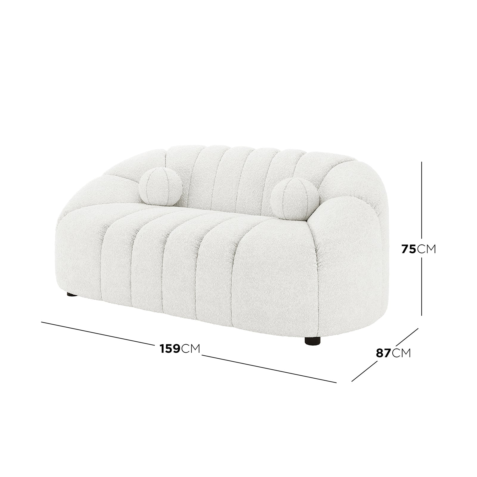 Trina 2 Seater Boucle Sofa with Pillows in Cream White features a soft, off-white bouclé fabric, rounded channel-stitched back and seat, and matching round bolster cushions, measuring 159cm wide, 87cm deep, 75cm tall.