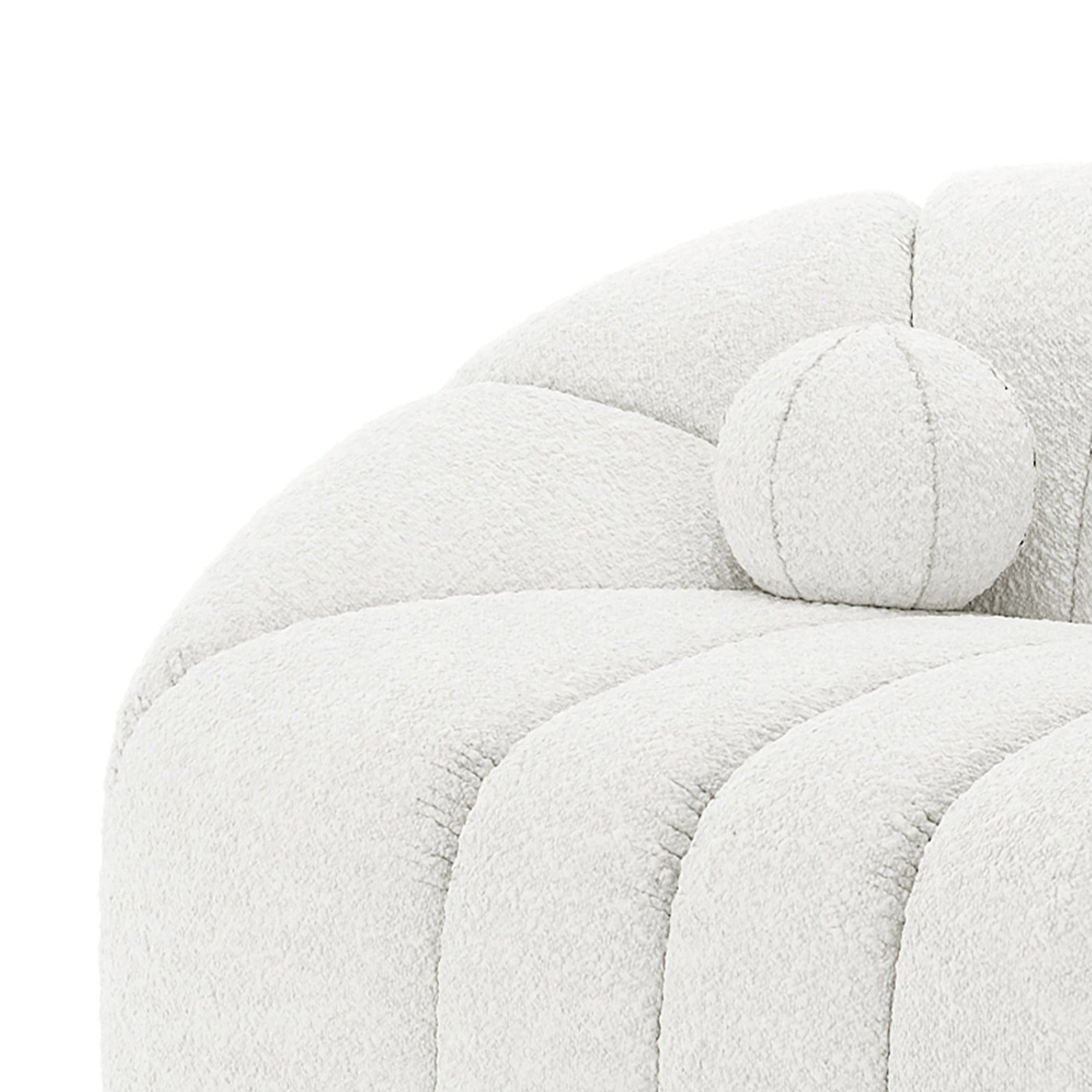 Trina 2 Seater Boucle Sofa with Pillows in Cream White features a modern scalloped channel-tufted design, plush off-white upholstery, and includes a matching round bolster pillow for added style and comfort.