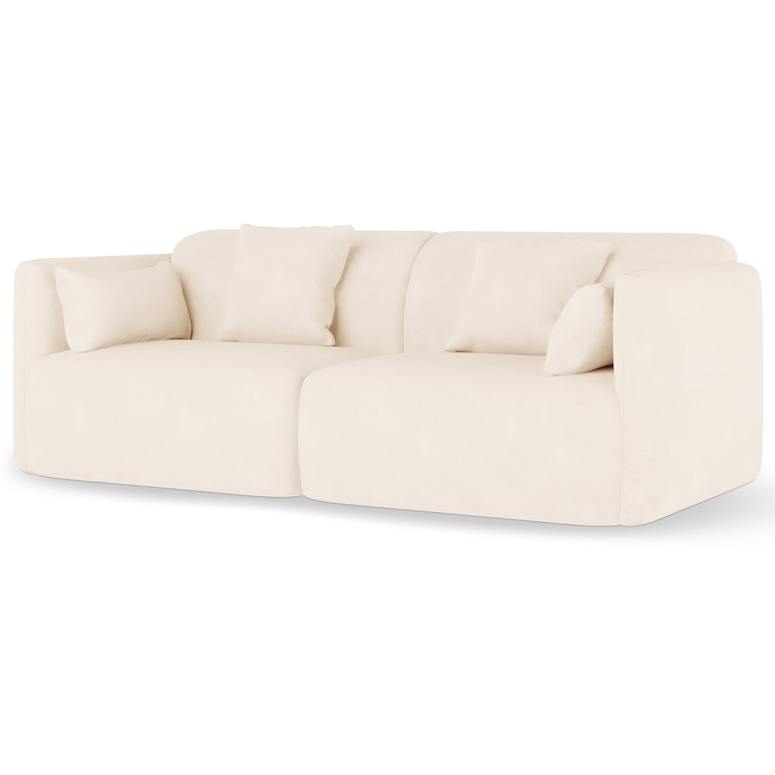 Vestalia 3 Seater Velvet Sofa in Cream White, featuring a modern, modular design with two block-style segments, curved edges, low arms, and removable back cushions and throw pillows.