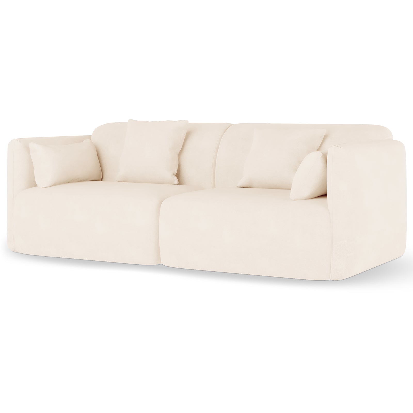 Vestalia 3 Seater Velvet Sofa in Cream White, featuring a modern, modular design with two block-style segments, curved edges, low arms, and removable back cushions and throw pillows.