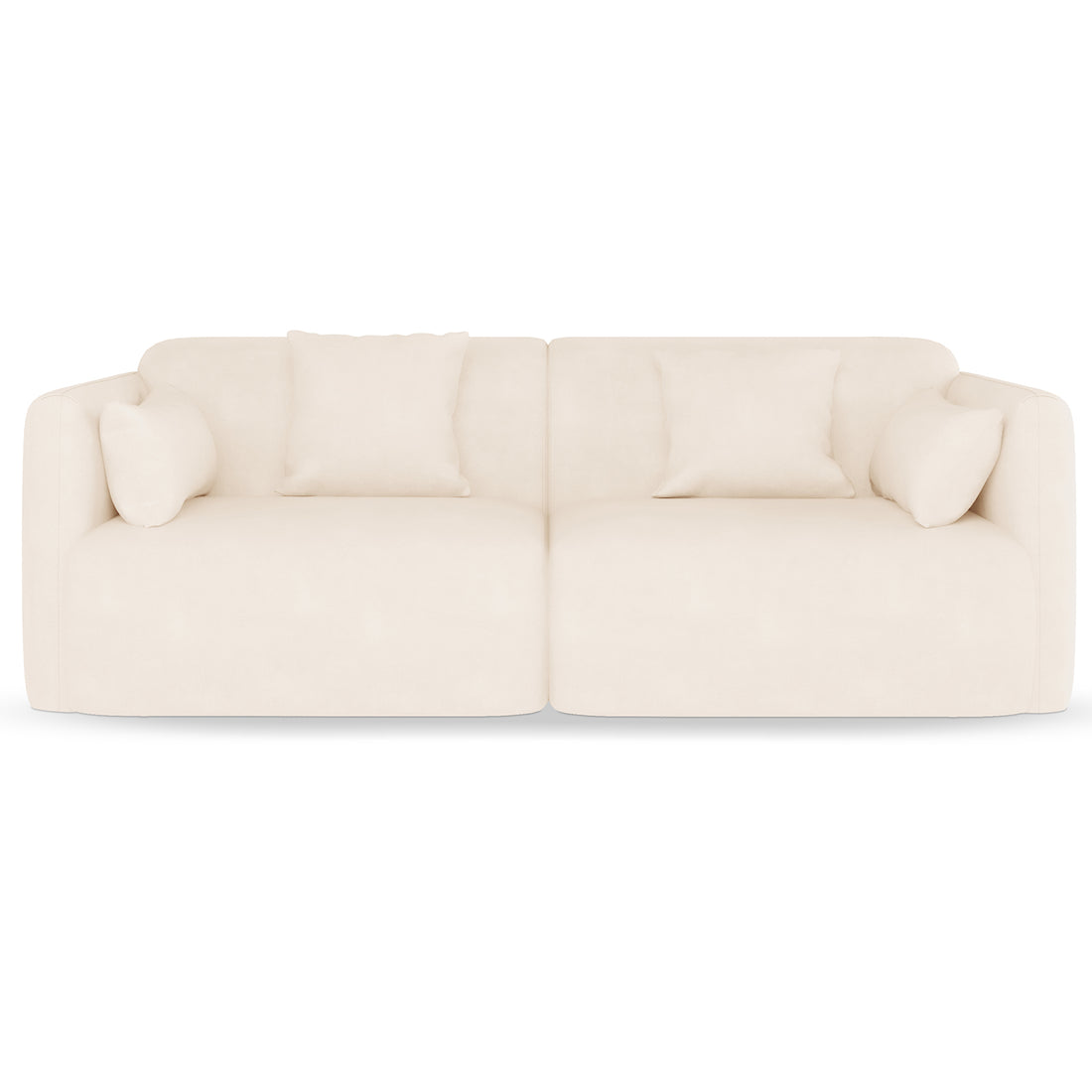 Vestalia 3 Seater Velvet Sofa in Cream White features a modern, low-profile design with two adjoining modules, upholstered in soft fabric, and includes four matching throw pillows for added elegance.