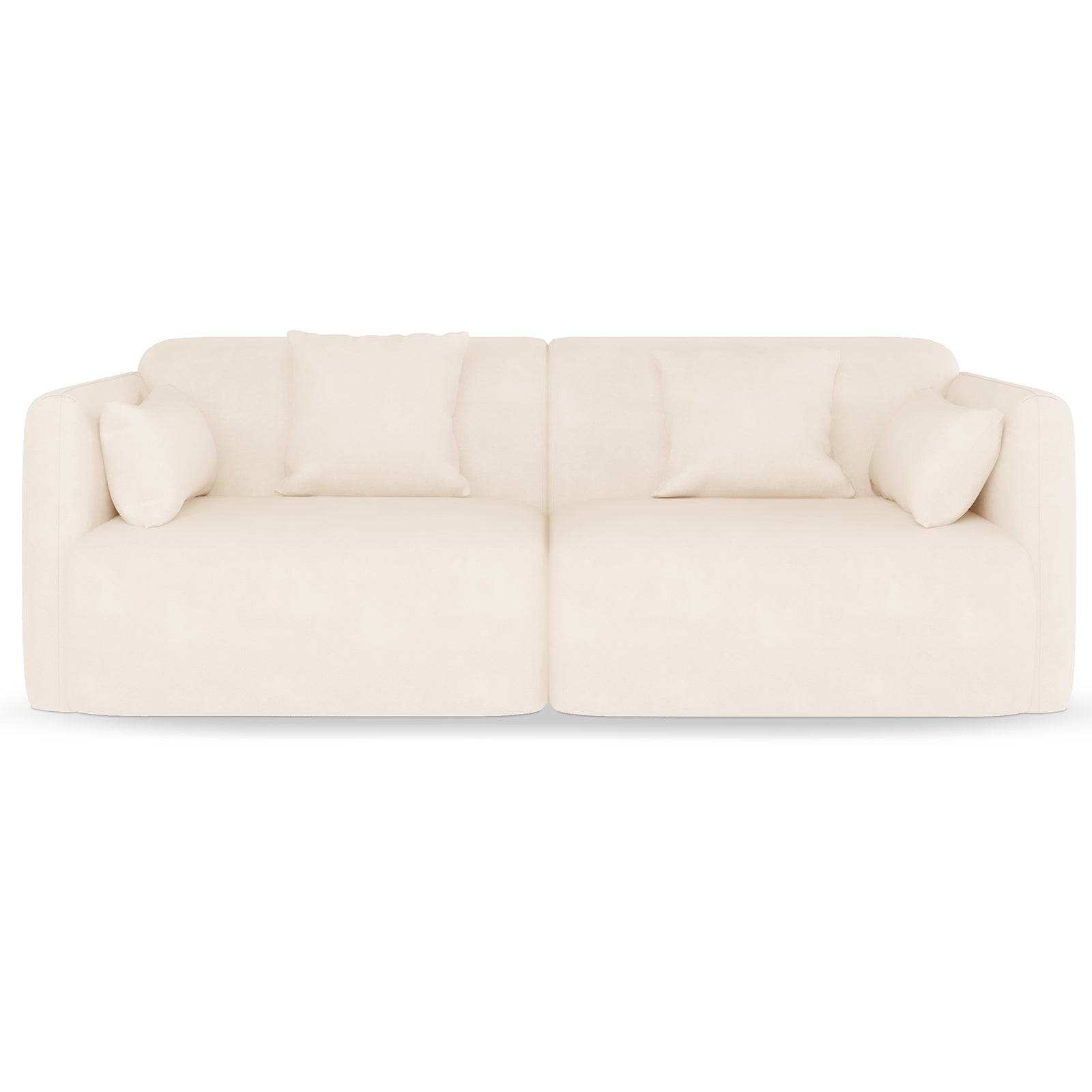 Vestalia 3 Seater Velvet Sofa in Cream White features a modern, low-profile design with two adjoining modules, upholstered in soft fabric, and includes four matching throw pillows for added elegance.